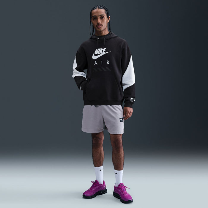 Men's black Air fleece pullover hoodie with white sleeve panels, hood and drawstring