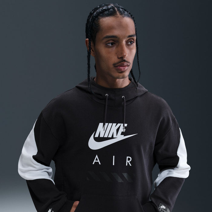 Men's black Air fleece pullover hoodie with hood, drawstring, and Nike Air graphic
