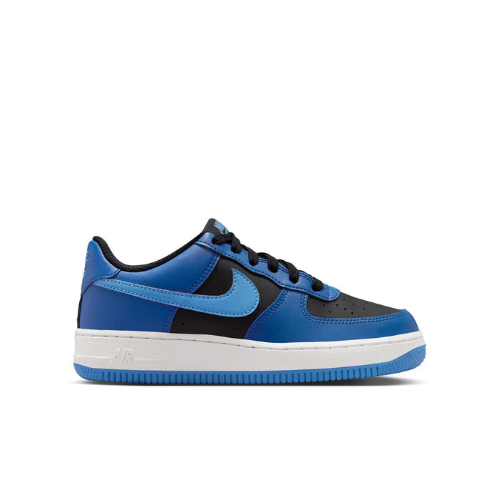 Youth Nike Air Force 1 low-top sneakers in blue, black, and white with lace-up design