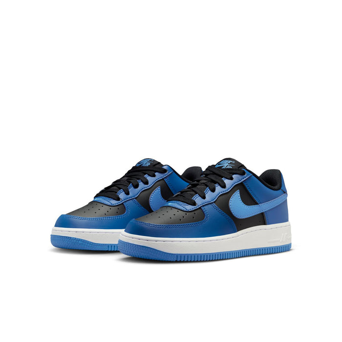 Pair of youth Nike Air Force 1 low-top sneakers in blue with black accents and white soles