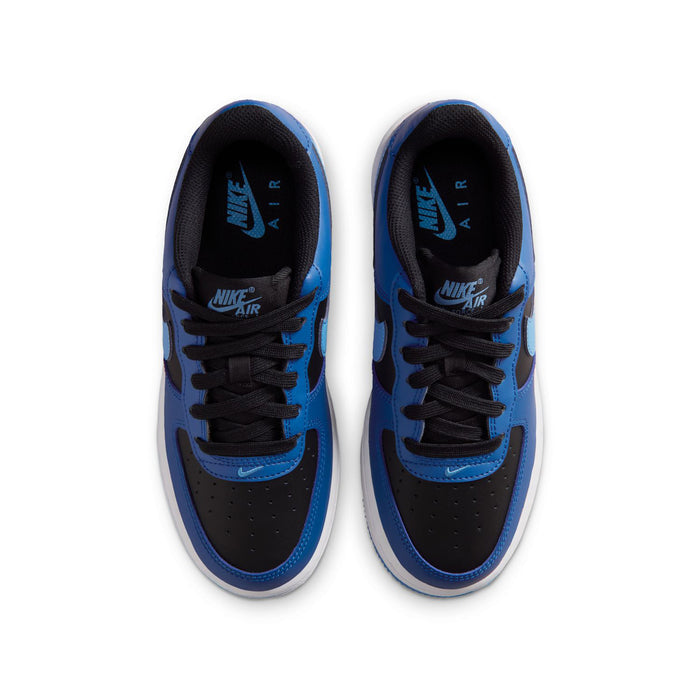 Youth Nike Air Force 1 sneakers, top view: blue uppers, black laces, white midsole