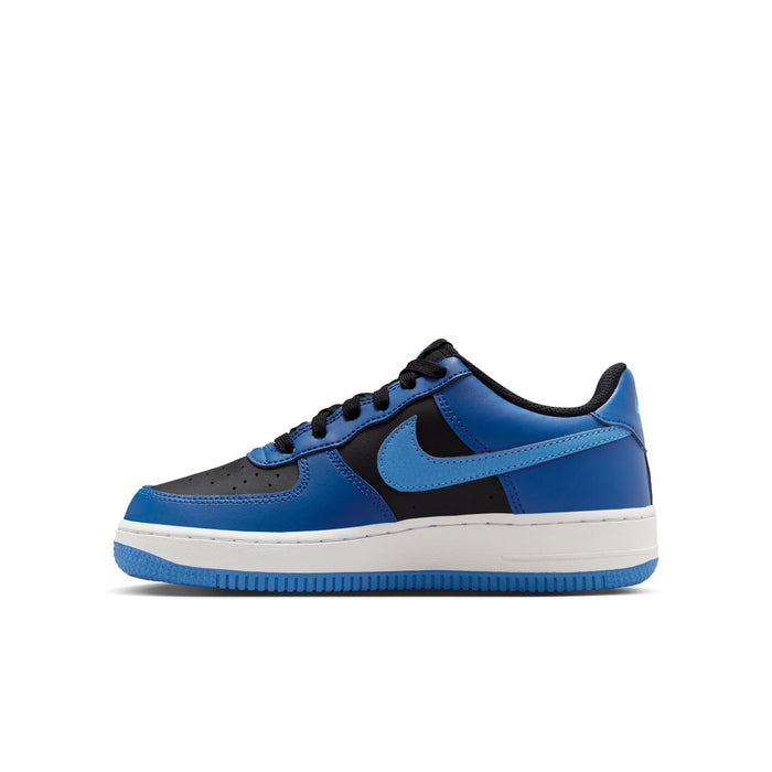 Youth Nike Air Force 1 low-top sneakers in blue with black Swoosh and white midsole