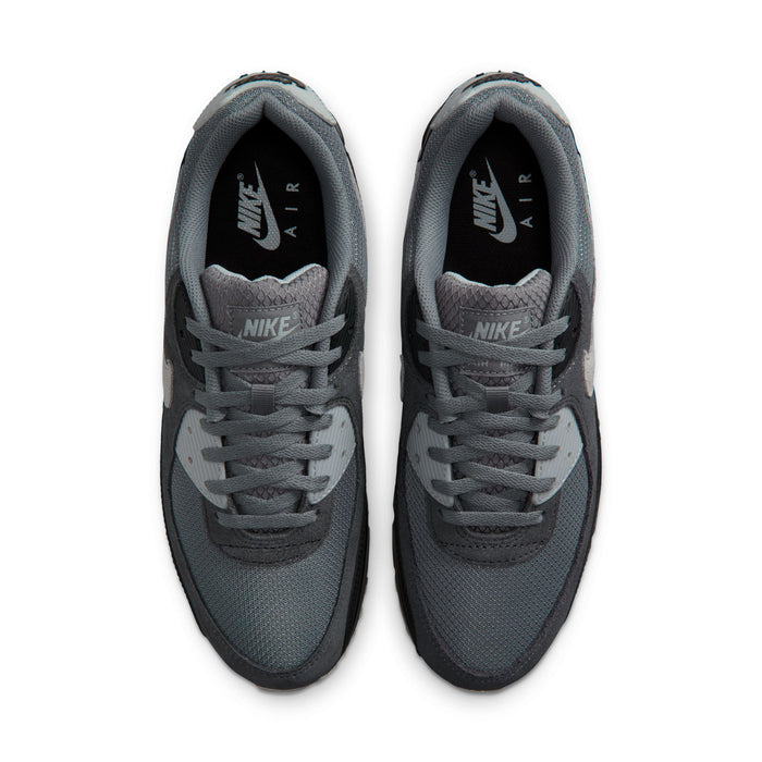 Men's Nike Air Max 90 shoes, front view with gray laces and Nike logo on tongue