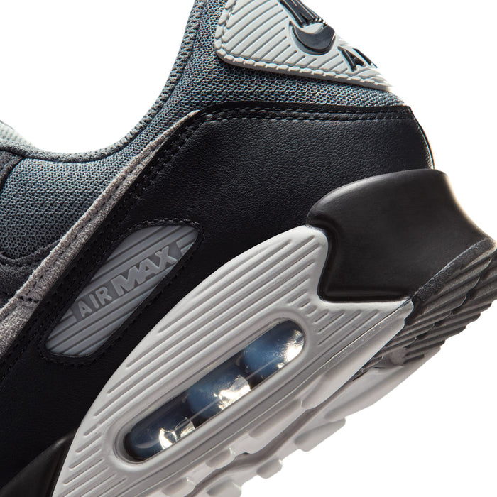 Men's Nike Air Max 90 close-up, black and light gray side with Air Max window