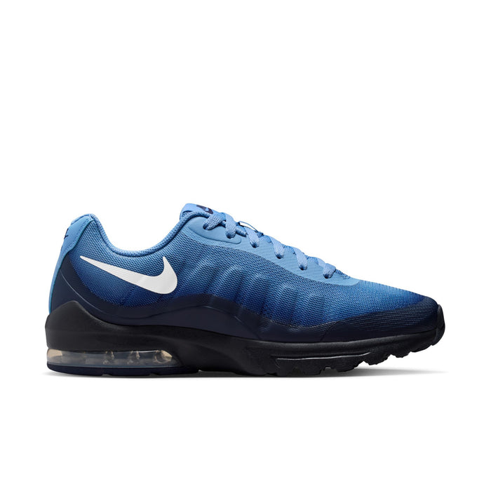 Men's blue running shoes with white swoosh, lace-up, and black Air-Max style sole