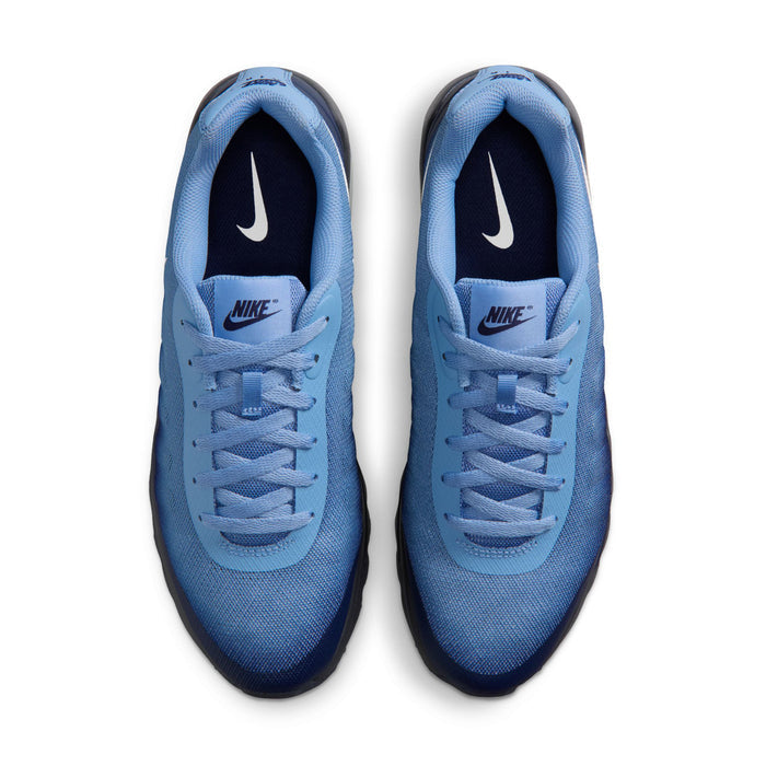 Pair of men's blue mesh sneakers with white swoosh and Nike logo on tongue