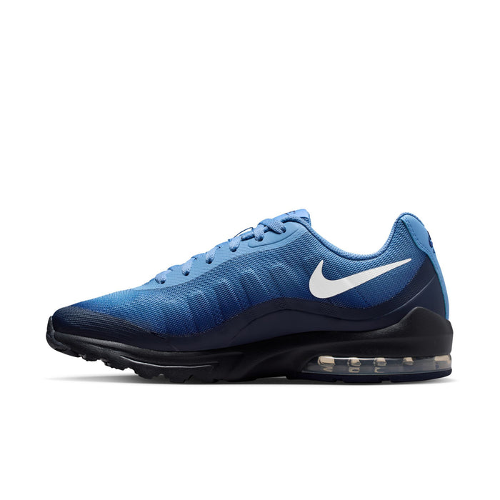 Men's blue running shoe with white swoosh and visible air-cushion unit