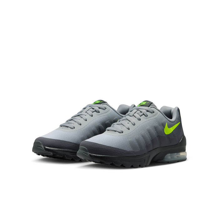 Youth running shoes, dark gray knit with neon green Swoosh and visible air unit
