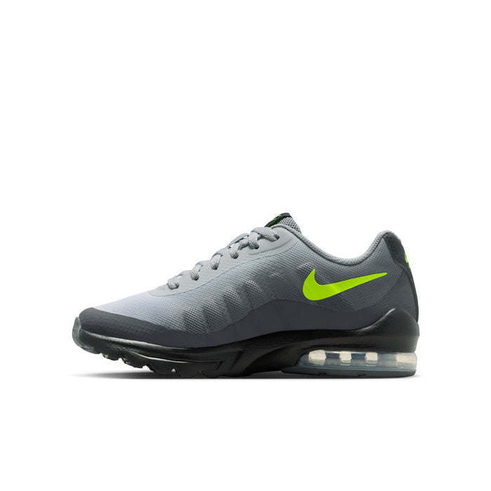 Youth running shoes, dark gray upper with neon green Swoosh and clear air window