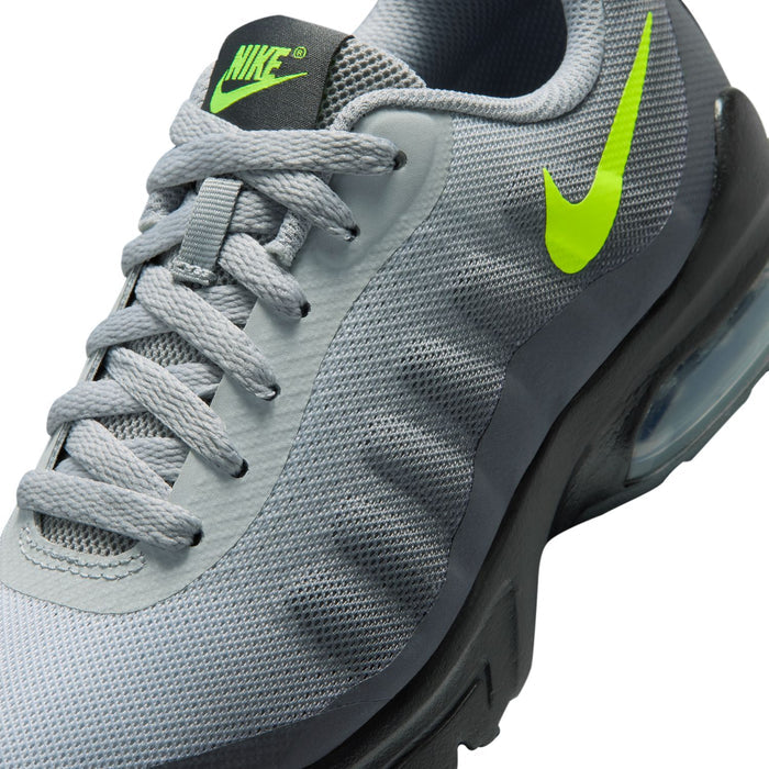 Youth sneaker upper close-up in gray mesh with neon green Swoosh and laces