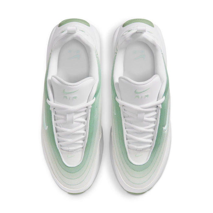 White mint green women's lace-up sneaker, front view with molded tongue and logo