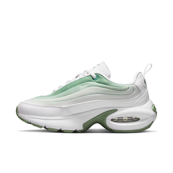 White and mint green women's Air-cushioned sneaker, side profile with Swoosh