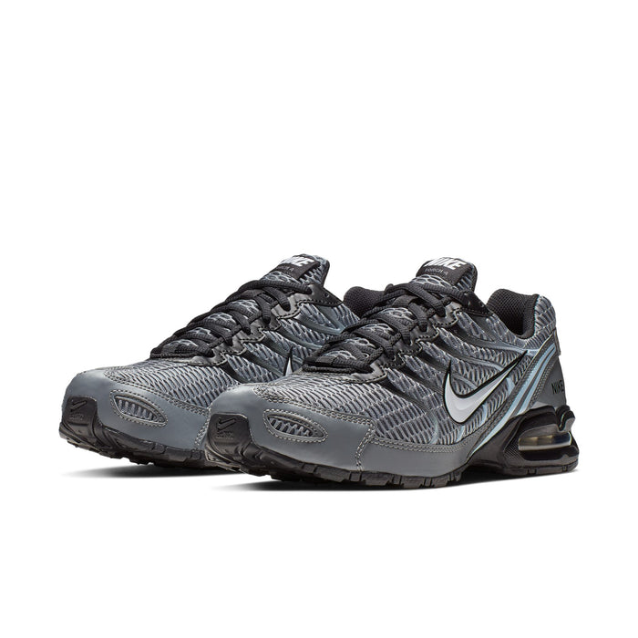 Men's grey and black running shoe, side view, black laces and white Nike swoosh