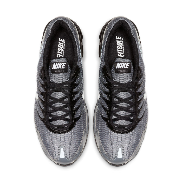 Pair of men's shoes, grey knit uppers with black tongue and Nike branding