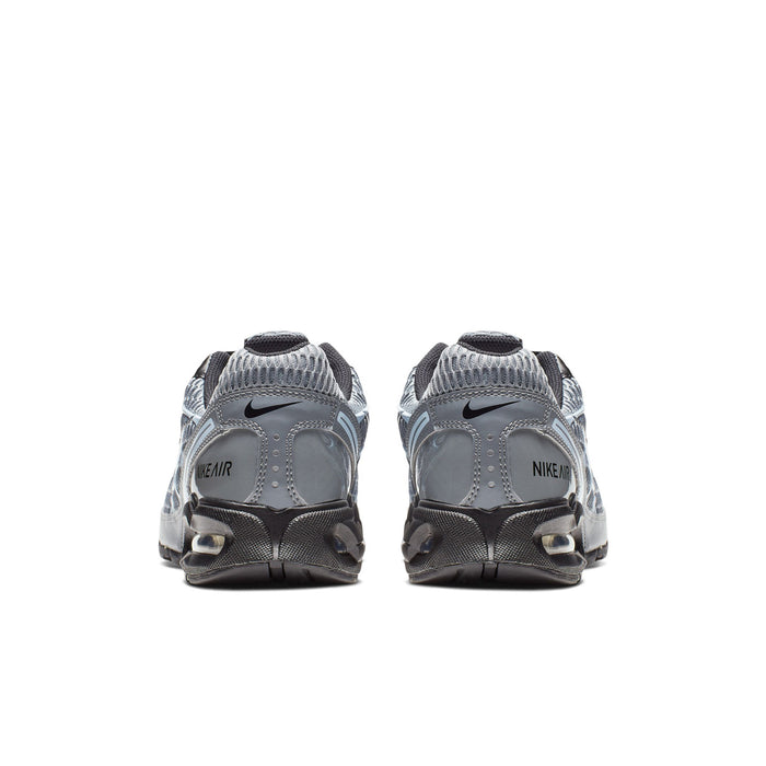 Men's Air-cushioned running shoes, heel view, grey uppers with black detailing
