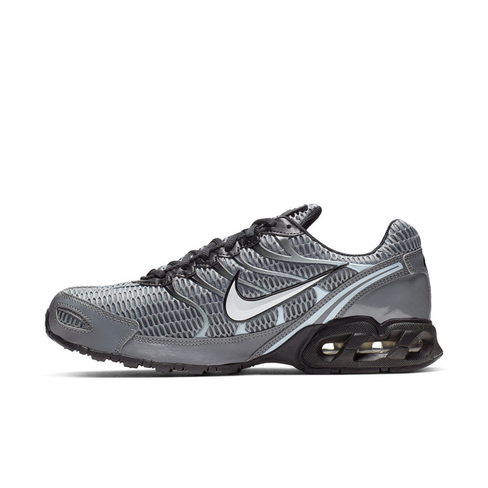 Men's grey running shoe, front side view, black laces and Air window