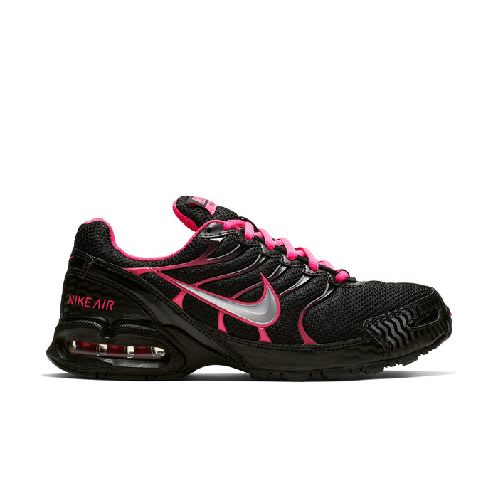 Women's black and pink Air Max running sneaker with silver swoosh and Nike branding
