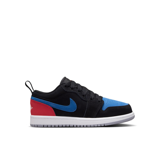 Kids low-top sneakers in black with blue and red panels, white midsole and laces