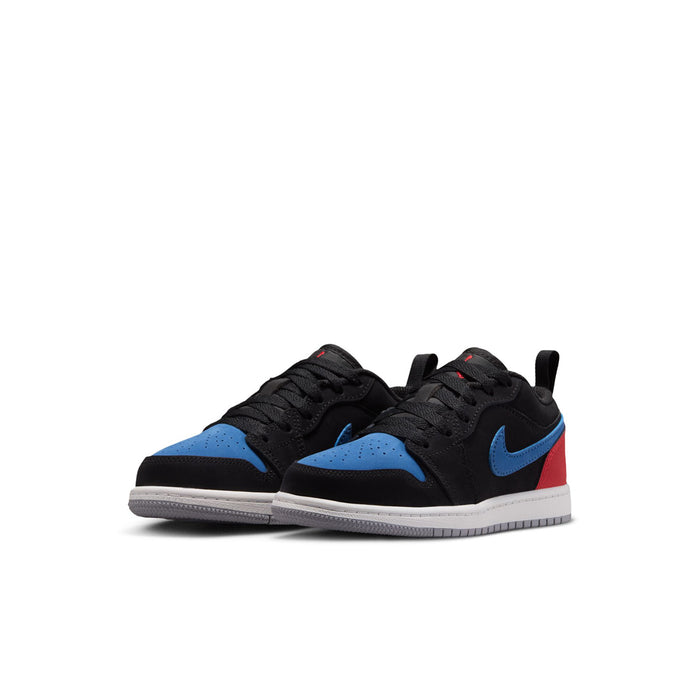 Kids low-top sneakers, side view: black uppers with blue swoosh and red accent