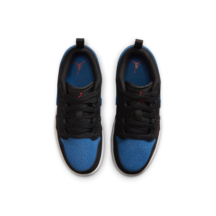 Kids low-top sneakers, pair view from above: black uppers with blue interior