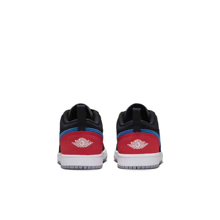 Kids low-top sneakers, heel view: black back with red heel panel and white logo