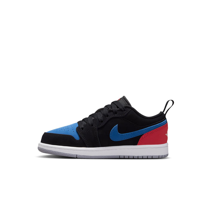 Kids low-top sneakers, front side view: black, blue, and red with white midsole