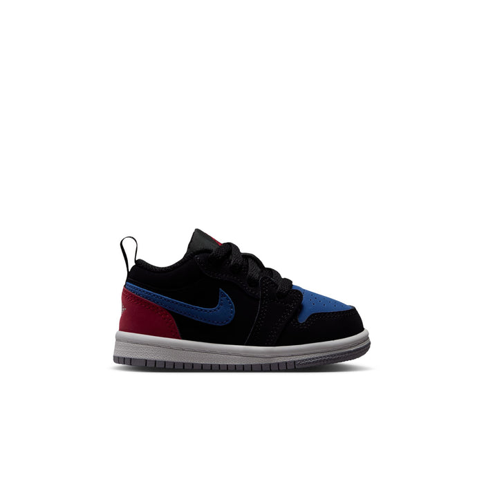 Black toddler low-top sneakers with blue panels, red accents, and lace-up closure