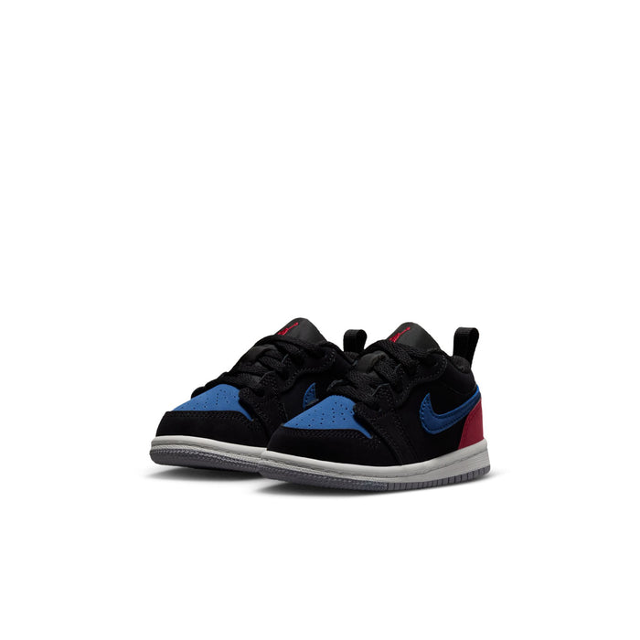 Toddler black low-top sneakers with blue overlays and red logo on side