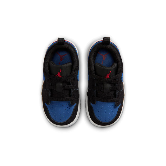 Pair of toddler black sneakers with blue toe, black laces, and padded collar