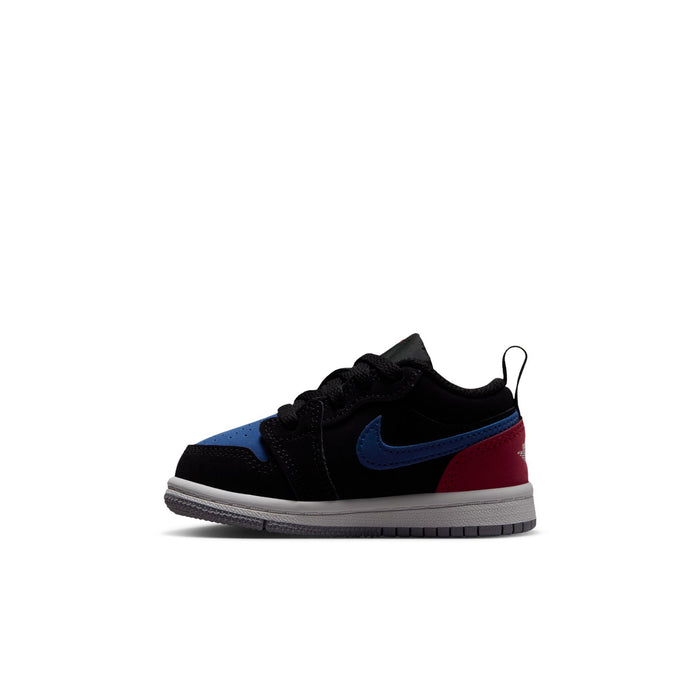 Toddler black low-top sneakers with blue and red side panels, lace-up
