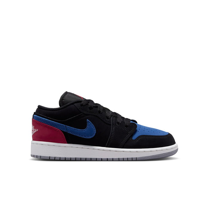 Air Jordan 1 low-top youth sneakers in black with blue Swoosh, red accent, white sole