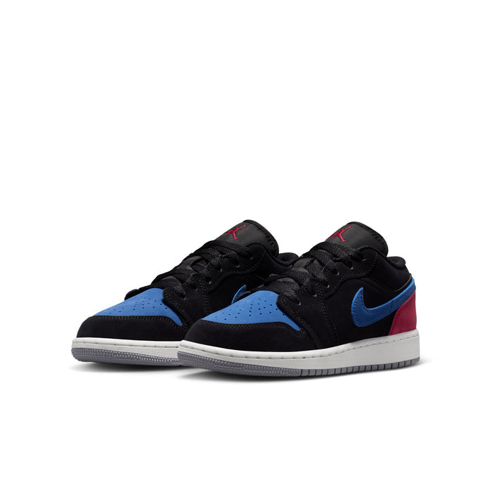 Air Jordan 1 low-top youth sneakers, black and blue with red heel panel, white outsole
