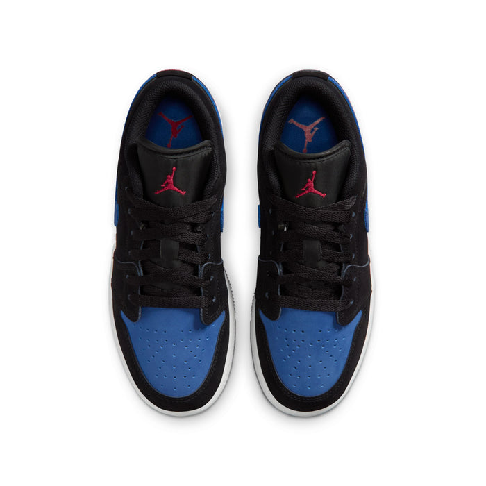Air Jordan 1 low-top youth sneakers, front view: black laces, blue toe panels, red accents