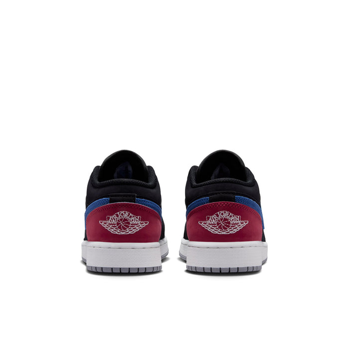 Air Jordan 1 low-top youth sneakers, heel view: black back, blue collar, red wings logo