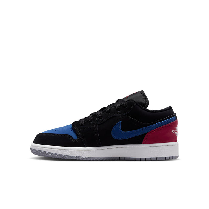 Air Jordan 1 low-top youth sneakers, side view: black upper, blue trim, red heel, white sole