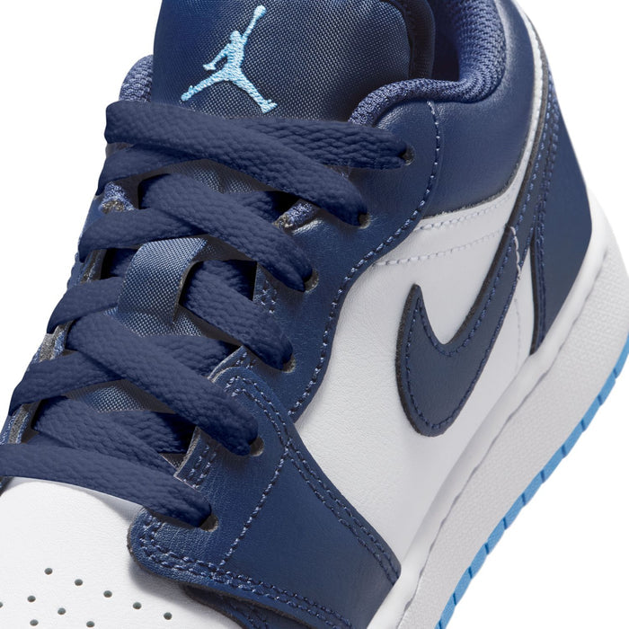 Navy youth sneaker lace-up front with white overlays and swoosh detail