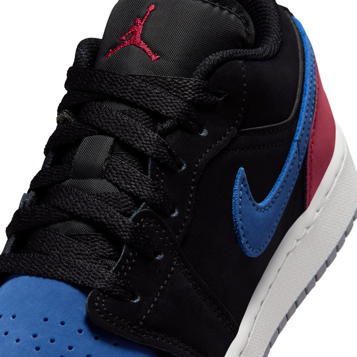 Air Jordan 1 low-top youth sneakers close-up: blue Swoosh, red Jumpman on black tongue