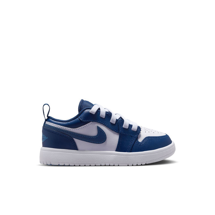 Kids' low-top sneakers, navy and white colorblock, lace-up with blue Swoosh