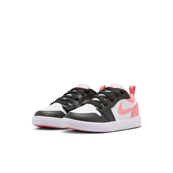 Kids' low-top sneakers, black and white uppers with pink heel detail and lace-up