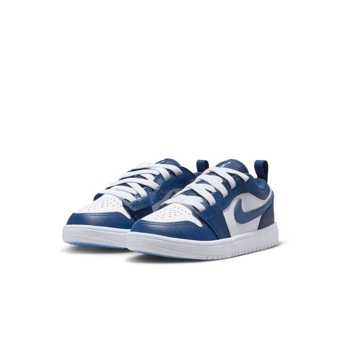 Kids' low-top sneakers, pair view, navy and white with blue Swoosh