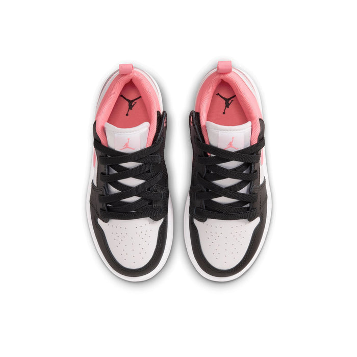 Kids' low-top sneakers with black laces, pink lining, and white toe panels