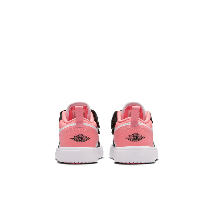 Kids' low-top sneakers with pink heel panels, black uppers, and white sole