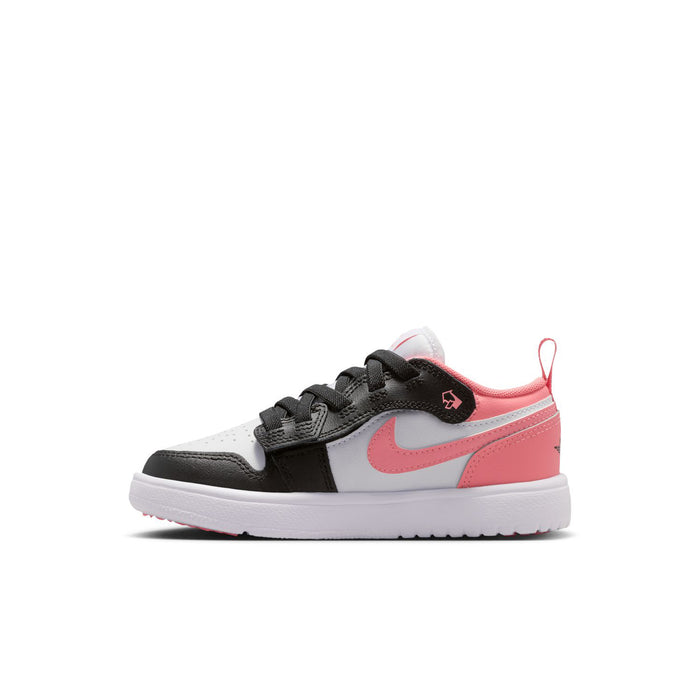 Kids' low-top sneakers with black toe, pink mid panel, white swoosh, and laces