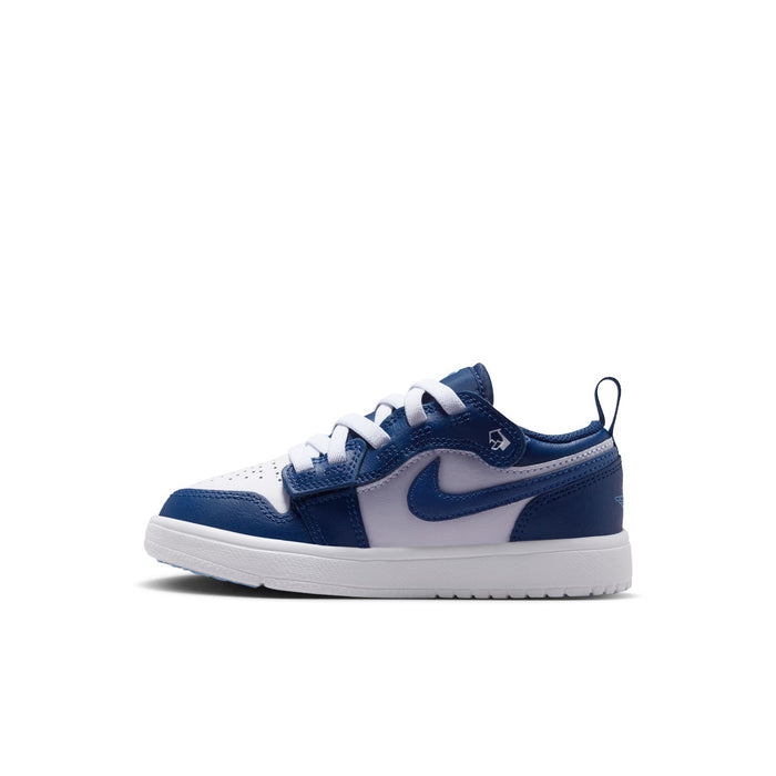 Kids' low-top sneakers, side profile, navy and white with blue Swoosh detail