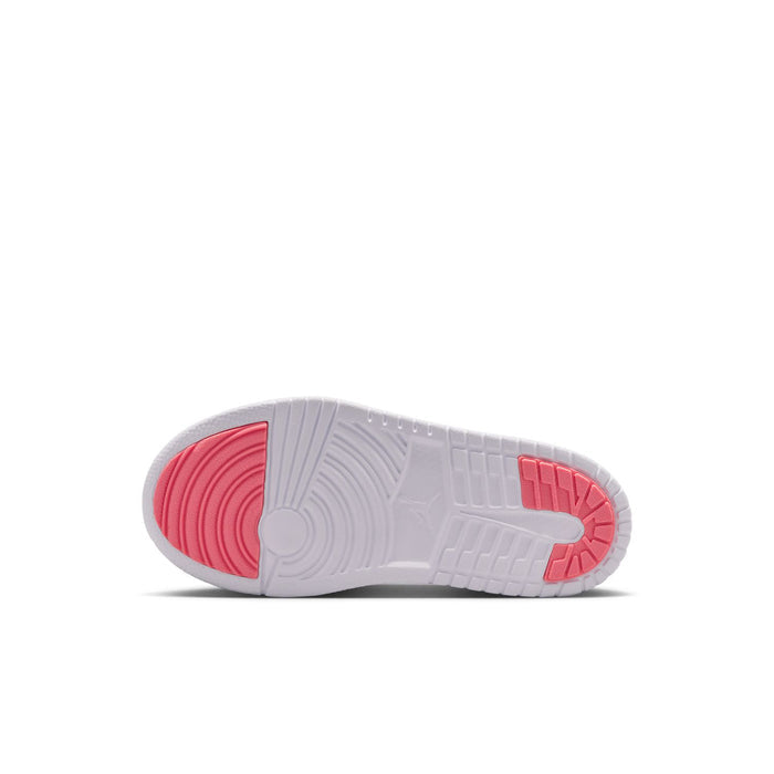 Kids' low-top sneaker outsole with gray tread and pink rubber heel