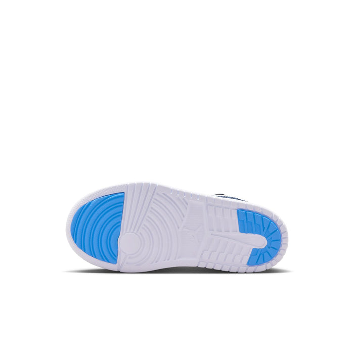 Kids' low-top sneakers, outsole view with blue traction pods and white sole
