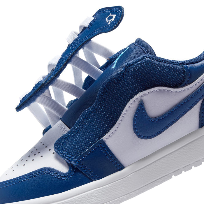 Kids' low-top sneakers in navy and white, lace-up with blue Swoosh