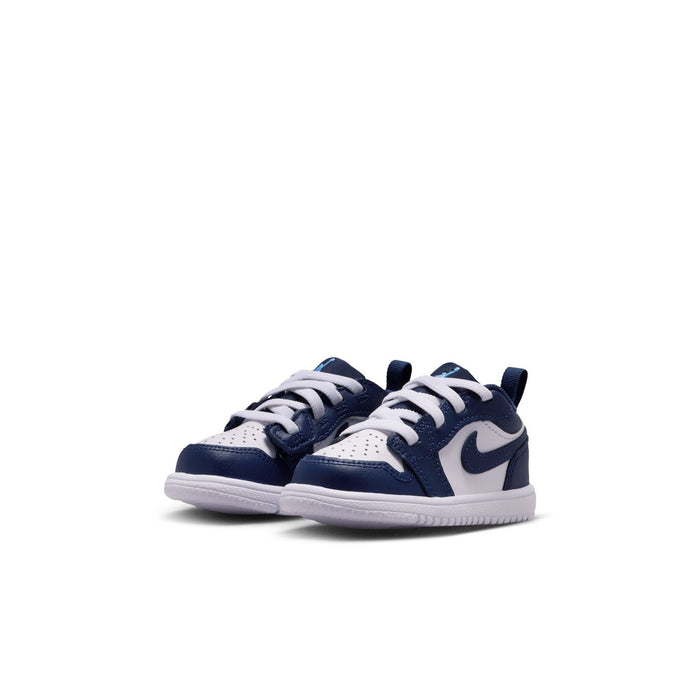 Toddler navy and white low-top sneakers, side view pair with lace-up and Swoosh
