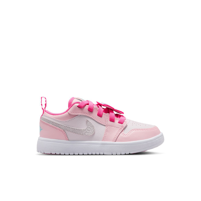Kids' AJ 1 Low SE sneakers in pink with gray swoosh and white midsole, side view