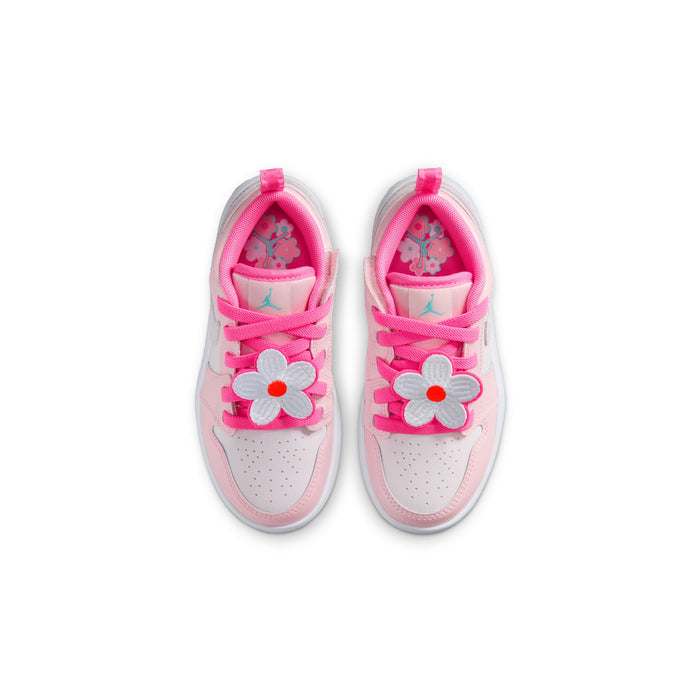Kids' AJ 1 Low SE sneakers in pink and light aqua with flower side accents